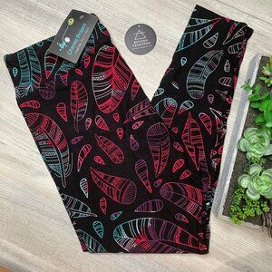 Magenta Turquoise Ombre Feather Print Black Soft Leggings